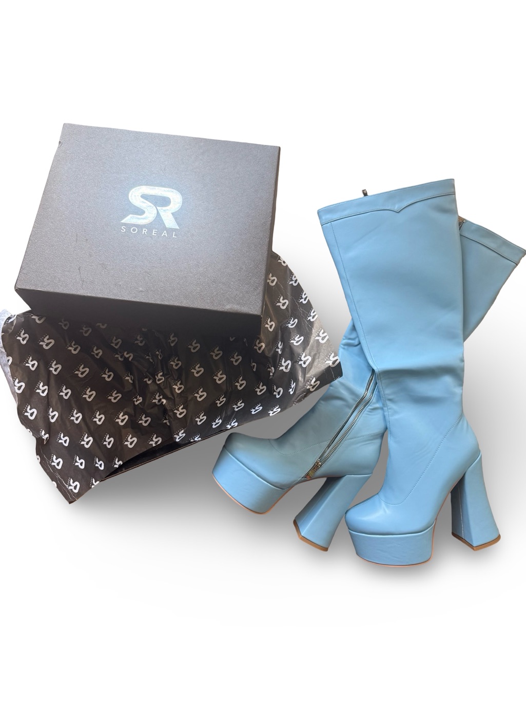 So Real By Gsuwoo Powder Blue Platform Knee High Boots